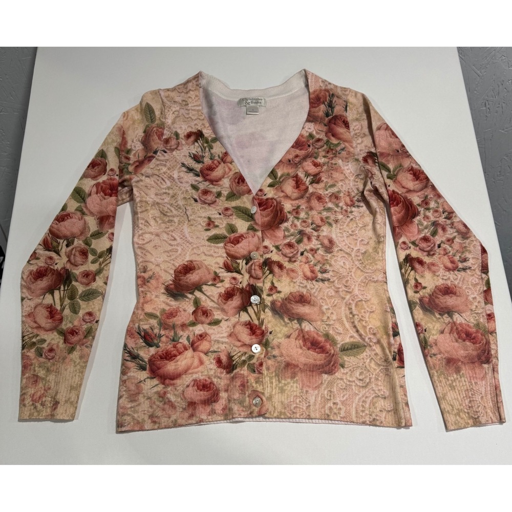 Christopher & Banks Floral Rose Cardigan Sweater Pink Cream Button Front S